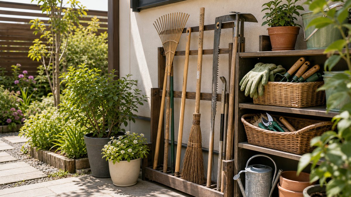 狭い庭の道具収納アイデア｜倒れやすい長物をすっきり片づける方法
