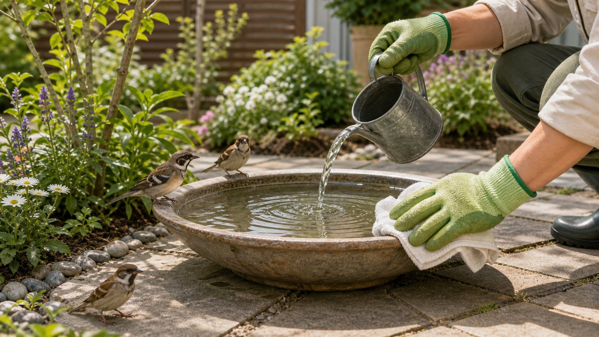 庭の水場に鳥が集まる時の対策｜フン汚れと水のにごりを減らす管理
